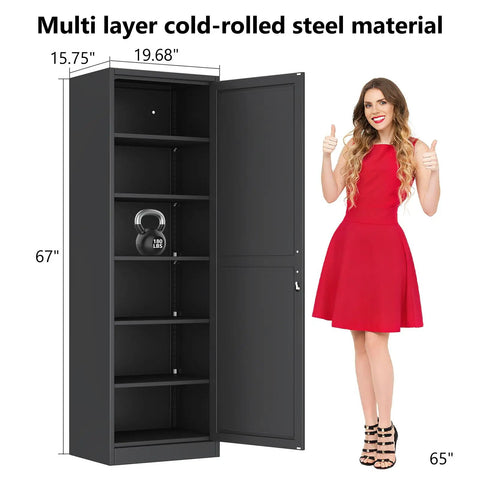 Tall Narrow Slim Steel Storage Cabinet With Lock And Five Adjustable Shelves For Kitchen Pantry Bathroom And Office Black 67 Inch Tall Go To Locker Organizer File Cabinet next to woman in red dress.