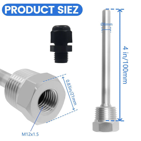Two Pack 1/2NPT Weldless Thermowell Temperature Sensor in Stainless Steel With Nylon Cable Gland For Homebrew Beer Fermenters, 100mm Rod Length, Corrosion Resistant, Durable Temperature Probe Well, including dimensions and nylon cable gland shown.
