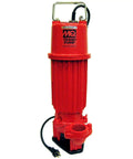 Heavy Duty Electric Submersible Trash Pump With Single Phase Motor Slinging 95 Gallons Per Minute And Built Tough Cast Iron Design with red body.