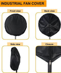 Tough As Nails Heavy Duty Fan Cover For Outdoor Patios Sheds Rain Snow Shielding 24 Inch Pedestal Wall Industrial Fans, front back side closure views.