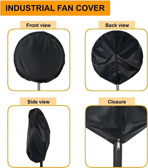 Tough As Nails Heavy Duty Fan Cover For Outdoor Patios Sheds Rain Snow Shielding 24 Inch Pedestal Wall Industrial Fans, front back side closure views.