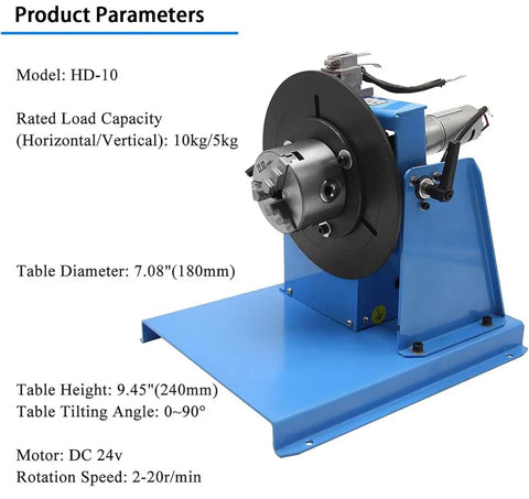 Automatic Rotary Welding Positioner Rock Solid Cast Iron Base Built Tough Smooth Operator 0 To 90 Degree Flip Table With 65mm Chuck for 10kg workpiece rotation.