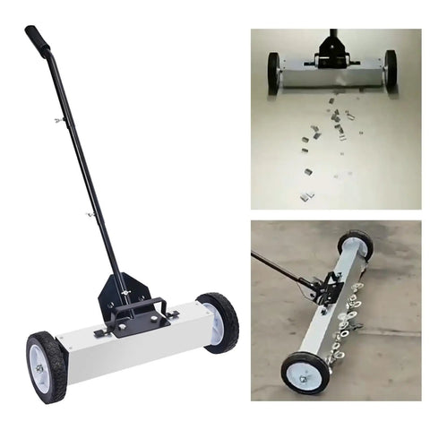 18 Inch Metal Pickup Lawn Sweeper Broom With Adjustable Handle And Wheels For Workshop Debris Collector Efficiently Clears Iron Filings And Shredded Scrap From Floors In Industrial Settings Or Heavy Duty Garage Shops Quick To Use