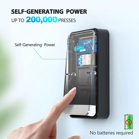 Hand pressing self-powered wireless doorbell with extra socket, no battery fuss, IP66 waterproof, up to 200,000 presses, black.