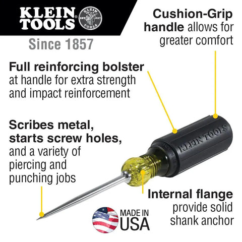 650 Scratch Awl With A 3 And A Half Inch Shank And Cushion Grip For Precise Scribing, Hole Starting, Punching And Metalwork, Made In USA