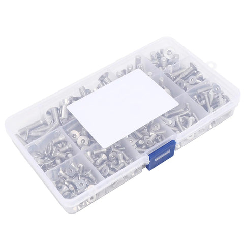 Heavy Duty 260 Piece Assorted Flat Head Hex Socket Screw Set With Countersunk Fasteners In M4 M5 And M6 Sizes Made From Top Grade Stainless Steel 304 stored in a transparent organizer.