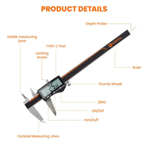 Rechargeable Digital Caliper 0 To 8 Inch With Large LCD Screen Inch Millimeter Fraction Readouts Stainless Steel Body details
