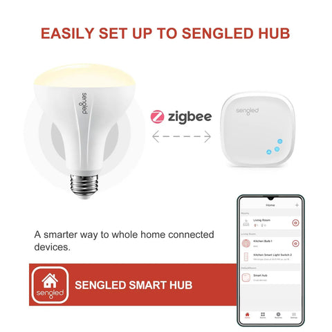 BR30 Zigbee Smart Bulbs 6 Pack Dimmable Flood Light Soft White 2700K Works With SmartThings Echo Alexa Google Home For Voice Control Hub Required Energy Efficient LED Smart Home Upgrade shown with Sengled Smart Hub and app interface.