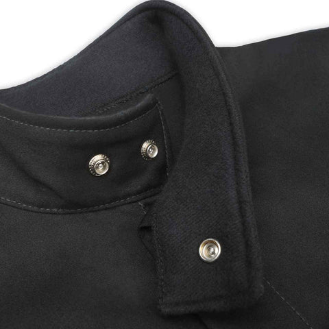 Close-up of Tough As Nails Welding Jacket With Dual FR Fabric Construction collar detail in black FR cotton, size XL.