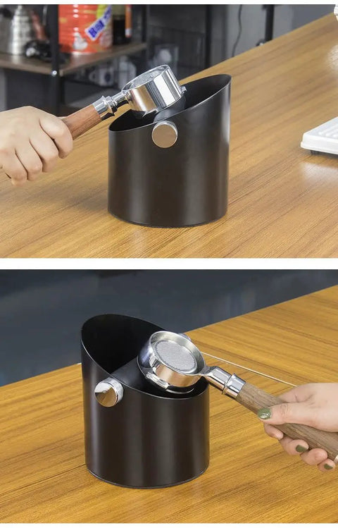 Real Deal Espresso Knock Box With Slick Rubber Stem To Kill Noise And Non Slip Base Locks Down Tight Plus Heavy Duty Grounds Keeper for easy ground disposal.