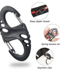 12 Pack 2 Inch Plastic S Carabiner Clips Dual Carabiner Keychain Hooks For Backpacks Bags And Zippers, Durable Paracord Accessories In Black Green Orange Khaki, Great For Keys Gear DIY Projects Not For Climbing, showing black carabiner details and uses