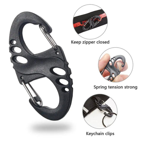 12 Pack 2 Inch Plastic S Carabiner Clips Dual Carabiner Keychain Hooks For Backpacks Bags And Zippers, Durable Paracord Accessories In Black Green Orange Khaki, Great For Keys Gear DIY Projects Not For Climbing, showing black carabiner details and uses