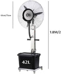 Workhorse Industrial Misting Fan With 42L Water Tank And Large Stainless Blades for commercial cooling with sturdy pedestal.