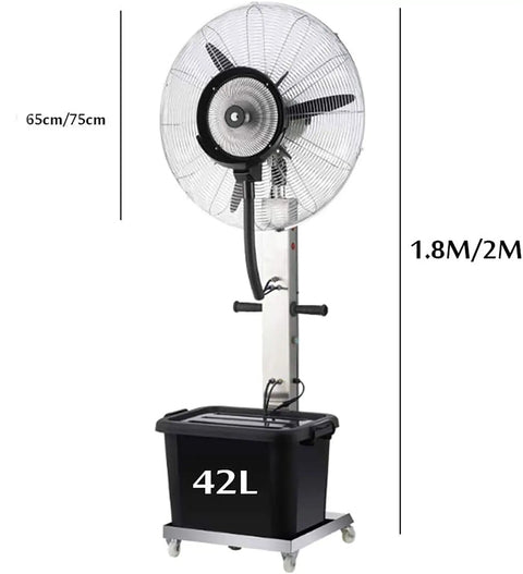 Workhorse Industrial Misting Fan With 42L Water Tank And Large Stainless Blades for commercial cooling with sturdy pedestal.