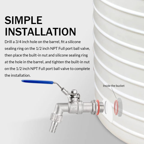 Simple installation of 304 stainless steel ball valve bulkhead on brewing barrel.