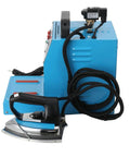 No Sweat Commercial Steam Iron With Four Liter Tank Pro Grade Industrial Steamer For Garment Shops And Hotels, blue steam iron with handle and hose.