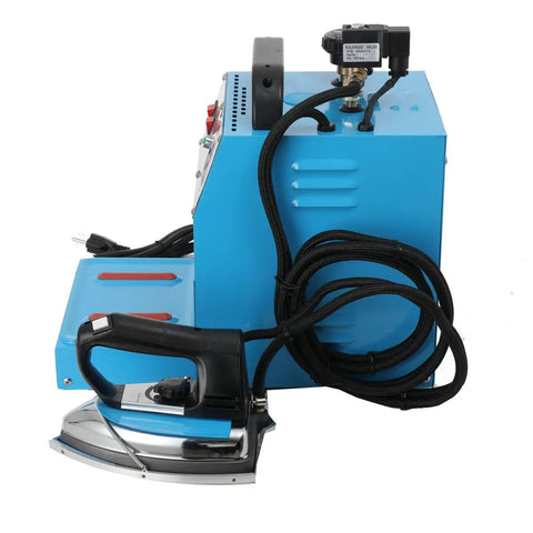 No Sweat Commercial Steam Iron With Four Liter Tank Pro Grade Industrial Steamer For Garment Shops And Hotels, blue steam iron with handle and hose.