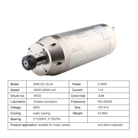 High Torque Fluid Cooled CNC Spindle Motor Five Point Five Kilowatt Three Eighty Volt ER Twenty Five Precision Chuck close-up view