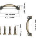 4 Pack 4 Inch Bronze Metal Cabinet Handles Rustic Drawer Pulls Vintage Curved Cupboard Handles For Kitchen Cabinets Furniture And Closet Doors With Screws Easy Install And Durable Solid Metal Hardware With Retro Vibe shown with screws and dimensions.