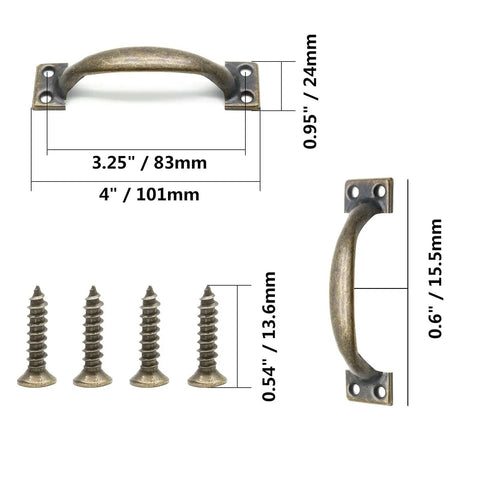 4 Pack 4 Inch Bronze Metal Cabinet Handles Rustic Drawer Pulls Vintage Curved Cupboard Handles For Kitchen Cabinets Furniture And Closet Doors With Screws Easy Install And Durable Solid Metal Hardware With Retro Vibe shown with screws and dimensions.