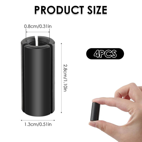 Hella Solid Four Pack Black Router Collet Reduction Sleeves, 1/2 To 1/4 Inch Chuck Converters Crafted From Tough Carbon Steel, size comparison showing 2.8cm length.