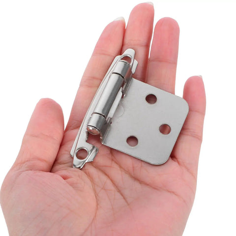 Heavy Duty Spring Loaded Cabinet Hinges 4 Pack for Kitchen Cabinets and Furniture held in hand, showing self-closing iron hinge