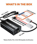 Beefy 14.6V 10A Lithium Battery Charger For LiFePO4 Deep Cycle Batteries With Anderson Connector LED Indicator for Cars, Trucks, Boats and RVs Smart CC CV Charging showing AC and DC cables, Anderson connector cable, user manual