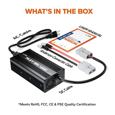 Beefy 14.6V 10A Lithium Battery Charger For LiFePO4 Deep Cycle Batteries With Anderson Connector LED Indicator for Cars, Trucks, Boats and RVs Smart CC CV Charging showing AC and DC cables, Anderson connector cable, user manual
