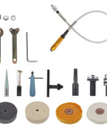 Image showing accessories for 350W Adjustable Speed Bench Grinder and Polishing Machine, including various polishing wheels and tools.