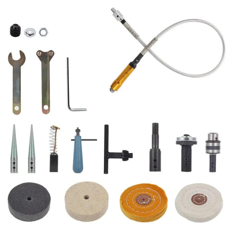 Image showing accessories for 350W Adjustable Speed Bench Grinder and Polishing Machine, including various polishing wheels and tools.