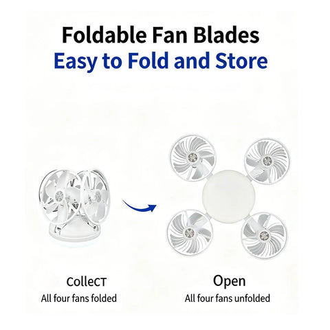 MENGLANSI Flush Mount Fan Light with foldable fan blades, shows all blades in compact and expanded positions.