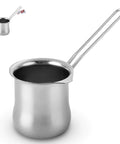 Stainless Steel Coffee Warmer 22oz with Ergonomic Hanging Handle for Turkish and Greek Coffee Lovers shown from side view.