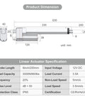 Justech 12V heavy-duty linear actuator with mounting bracket; side view showing 8-inch (200 mm) stroke and dimensions
