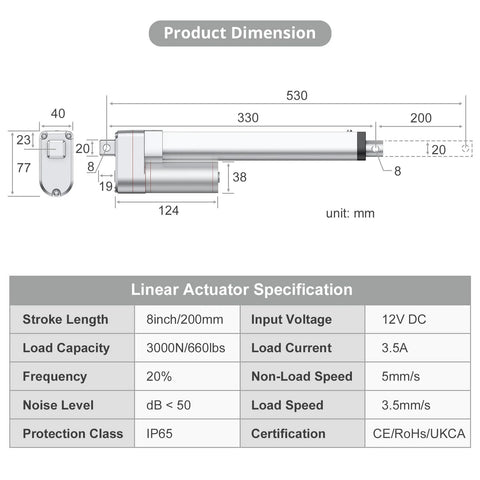 Justech 12V heavy-duty linear actuator with mounting bracket; side view showing 8-inch (200 mm) stroke and dimensions