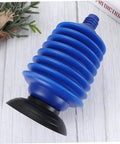 Heavy Duty Accordion Toilet Plunger For Bathroom Use High Pressure Blue Pvc Bellows Tool on a wooden surface.