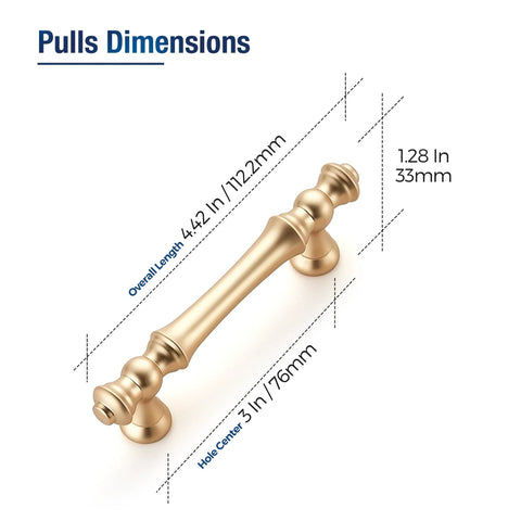 Brushed Brass Cabinet Handles 10 Pack 3 Inch Hole Centers Zinc Gold Drawer Pulls dimensions display with measurements.