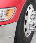 Close-up of a truck wheel with Chrome Lug Nut Cover Kit For Wheels, 33Mm By 4 Inches, Extra Tall With Flange, Thread On Plastic Caps, 60 Pack