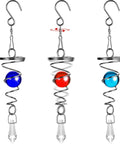 Three Pack Gazing Ball Spiral Tail Wind Spinner Set With Hanging Swivel Hooks For Indoor Outdoor Decor Glass Orbs In Red Sky Blue And Navy Blue For A Killer Garden Balcony Vibe. Three 7.1-inch glass orbs with stainless steel spiral tails and hooks