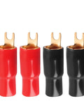 Top Tier 0 Gauge Fork Connectors For Car Audio Power Cables in red and black, made of iron for secure connections.