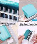 Four images showing features of a Six Hole Puncher For Loose Leaf Notebooks And Scrapbooks, A4 A5 B5 Compatible Handheld Circle Paper Puncher.