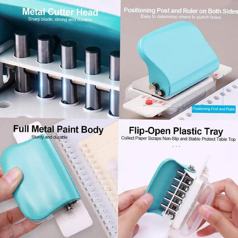 Four images showing features of a Six Hole Puncher For Loose Leaf Notebooks And Scrapbooks, A4 A5 B5 Compatible Handheld Circle Paper Puncher.
