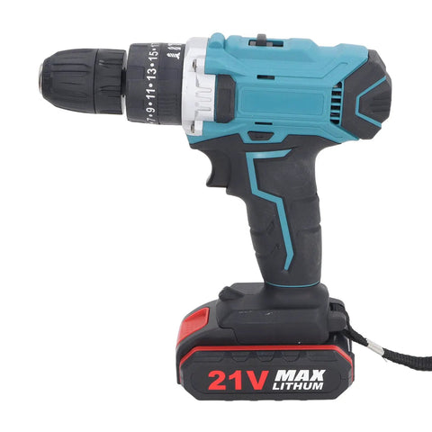 Heavy Duty Cordless Electric Drill Kit With Two 21V Lithium Batteries And Quick Swap Chuck showing ergonomic grip and power indicators.