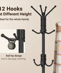 No Fuss Freestanding Coat Rack With 12 Hooks And Umbrella Holder Modern Metal Hall Tree For Entryway Living Room Bedroom Or Office Heavy Duty Standing Coat Hanger Stand In Black with ball-tip design