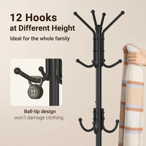No Fuss Freestanding Coat Rack With 12 Hooks And Umbrella Holder Modern Metal Hall Tree For Entryway Living Room Bedroom Or Office Heavy Duty Standing Coat Hanger Stand In Black with ball-tip design
