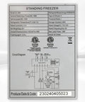 Commercial Upright Freezer With Two Swing Glass Doors And Four Side Transparent Panels Delivers Hella Spacious Ice Cream Display Specifications label.