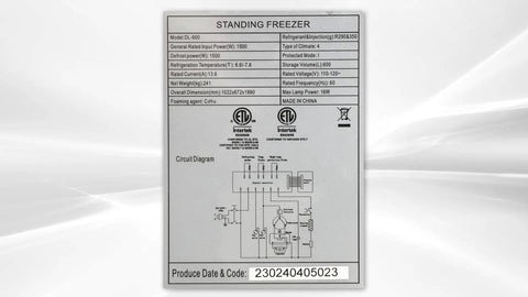 Commercial Upright Freezer With Two Swing Glass Doors And Four Side Transparent Panels Delivers Hella Spacious Ice Cream Display Specifications label.