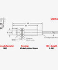 Technical diagram of Five Pack Inductive Proximity Sensor Switch M12 PNP Normally Closed Detects Iron At 4mm Range DC 6V-36V 3 Wire
