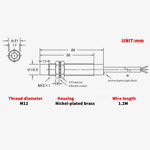 Technical diagram of Five Pack Inductive Proximity Sensor Switch M12 PNP Normally Closed Detects Iron At 4mm Range DC 6V-36V 3 Wire