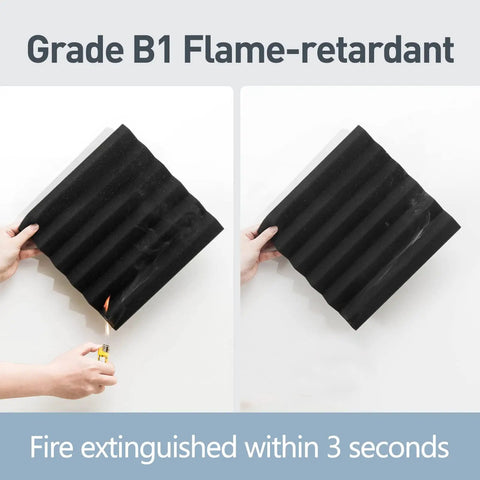 Heavy Duty Acoustic Foam Panels 36 Pack Sound Proof Wedges 12x12x2 tested for flame resistance, extinguishing fire rapidly.