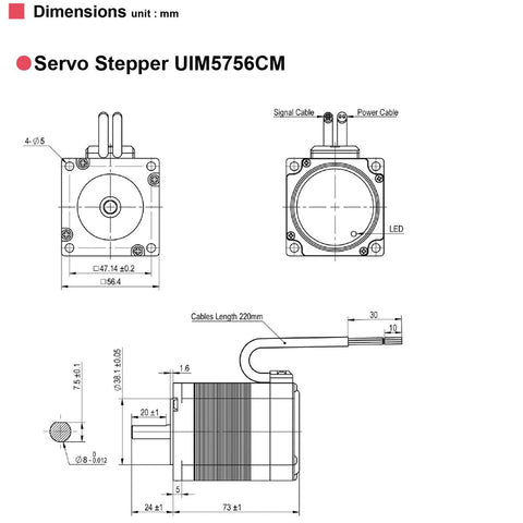 Front and side views of NEMA 23 servo stepper motor UIM5756CM with built-in encoder, CAN bus interface